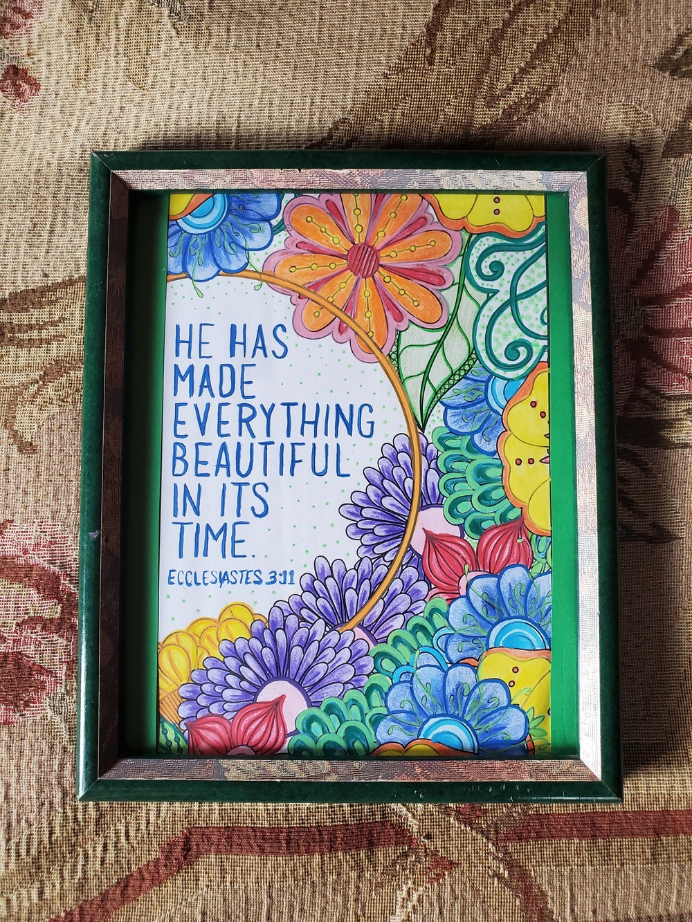 Hand Crafted Floral Scripture Print in Blue, Yellow, Orange, Green, Purple